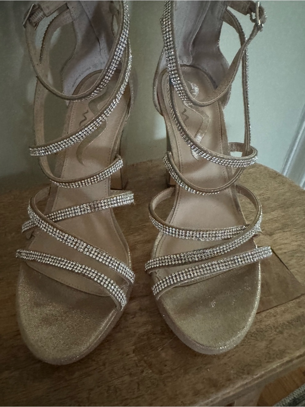 Gold Rhinestone Strappy High Heel Sandals